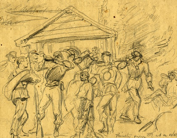 Thirsty men at a well, 1860-1865, drawing, 1862-1865, by Alfred R Waud, 1828-1891, an american artist famous for his American Civil War sketches, America, US