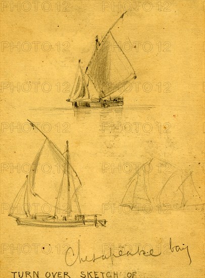 Three sailboats on Chesapeake Bay, between 1860 and 1865, drawing on cream paper pencil, 13.7 x 9.8 cm. (sheet),  1862-1865, by Alfred R Waud, 1828-1891, an american artist famous for his American Civil War sketches, America, US