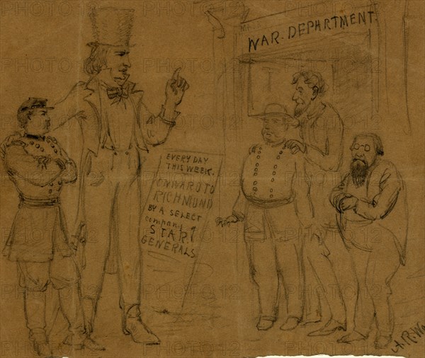 Cartoon showing Uncle Sam and General McClellan standing before a playbill which reads: Every day this week onward to Richmond by a select company of star generals, between 1861 and 1862 Winter, drawing on brown paper pencil, 15.8 x 18.9 cm. (sheet),  1862-1865, by Alfred R Waud, 1828-1891, an american artist famous for his American Civil War sketches, America, US