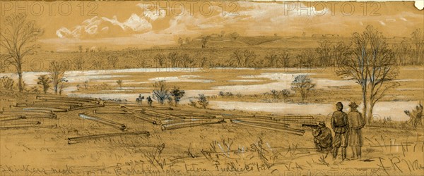 Skinkers Neck on the Rappanhannock below Fredericksburg, VA, 1862 ca. December, drawing on tan paper pencil and Chinese white, 12.0 x 30.7 cm. (sheet),  1862-1865, by Alfred R Waud, 1828-1891, an american artist famous for his American Civil War sketches, America, US