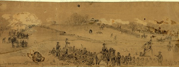 Couchs hd.quarters and afterwards center of our line of battle, 1863 May 3, drawing on tan paper pencil, brown wash, and Chinese white; 12.1 x 35.6 cm. (sheet), 1862-1865, by Alfred R Waud, 1828-1891, an american artist famous for his American Civil War sketches, America, US