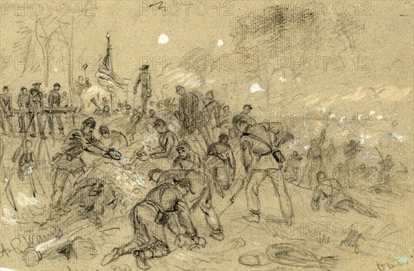 On Hancocks front the soldiers having no picks and shovels used bayonets, tin pans, old canteens, and even their hands in throwing up breastworks ARW, 1864 June, 1862-1865, by Alfred R Waud, 1828-1891, an american artist famous for his American Civil War sketches, America, US