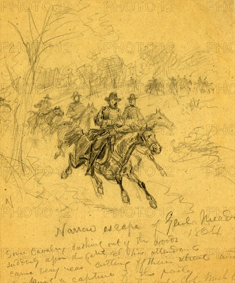 Narrow escape of Genl. Meade 1864, 1864,  drawing on tan paper pencil, 26.0 x 21.0 cm. (sheet), 1862-1865, by Alfred R Waud, 1828-1891, an american artist famous for his American Civil War sketches, America, US