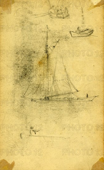 Small sailboat and rowboats, between 1860 and 1865, drawing on cream paper pencil, 10.3 x 18.1 cm. (sheet), 1862-1865, by Alfred R Waud, 1828-1891, an american artist famous for his American Civil War sketches, America, US