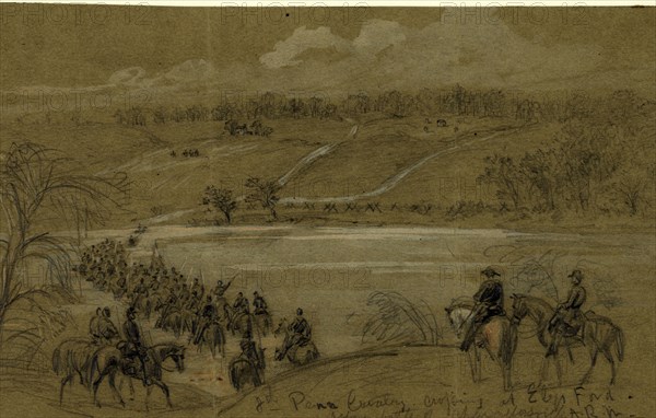 8th Penn Cavalry, crossing at Ely's Ford, before battle of Chancellorsville, 1863 April-May, drawing on olive paper pencil and Chinese white, 14.1 x 23.6 cm. (sheet), 1862-1865, by Alfred R Waud, 1828-1891, an american artist famous for his American Civil War sketches, America, US