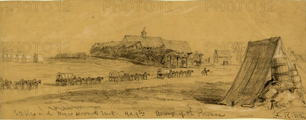 Stables and Negro servants tent, hd.qtrs Army of the Potomac, 1863 ca. March, drawing on tan paper pencil and Chinese white, 8.9 x 24.3 cm. (sheet), 1862-1865, by Alfred R Waud, 1828-1891, an american artist famous for his American Civil War sketches, America, US