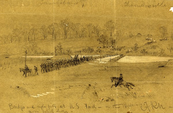 Bridges and rifle pits at U.S. Ford, in the Rappahannock from rebel shore, 1863 between April and May?, drawing on olive paper pencil and Chinese white, 15.3 x 24.0 cm. (sheet), 1862-1865, by Alfred R Waud, 1828-1891, an american artist famous for his American Civil War sketches, America, US