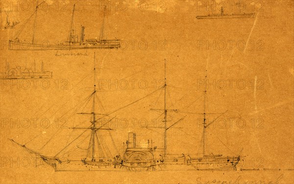Five broadside views of steamships and a sailboat, between 1860 and 1865, drawing on brown paper pencil, 15.3 x 24.9 cm. (sheet), 1862-1865, by Alfred R Waud, 1828-1891, an american artist famous for his American Civil War sketches, America, US