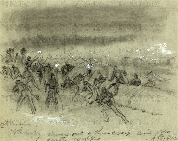 12th Maine, 19th corps driven out of their camp and over the earth works, between 1864 July and 1865 January, 1862-1865, by Alfred R Waud, 1828-1891, an american artist famous for his American Civil War sketches, America, US