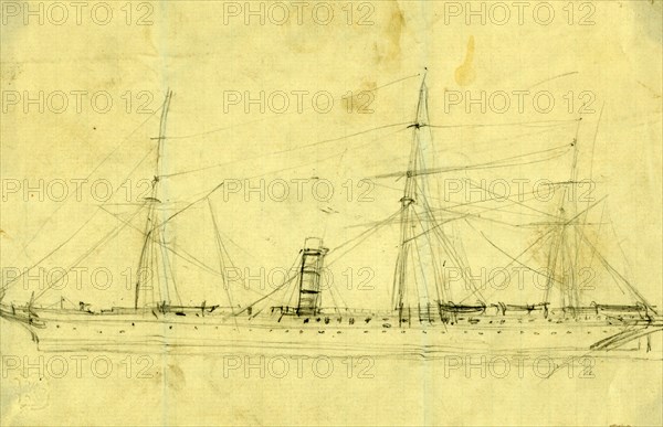 Steamship with three masts, between 1860 and 1865, drawing on cream paper pencil, 12.2 x 20.2 cm. (sheet), 1862-1865, by Alfred R Waud, 1828-1891, an american artist famous for his American Civil War sketches, America, US