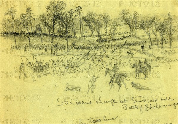 Steedmans charge at Snodgrass hill, Battle of Chickamauga, 1863 September 19-20, drawing on green paper pencil, 21.8 x 30.9 cm. (sheet), 1862-1865, by Alfred R Waud, 1828-1891, an american artist famous for his American Civil War sketches, America, US