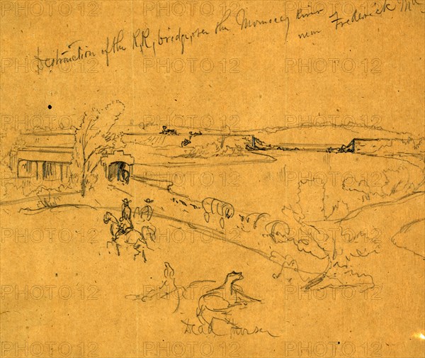 Destruction of the R.R. bridge, over the Monocacy River near Frederick, Md, 1864 July 9, drawing on tan paper pencil, 18.8. x 22.7 cm. (sheet), 1862-1865, by Alfred R Waud, 1828-1891, an american artist famous for his American Civil War sketches, America, US