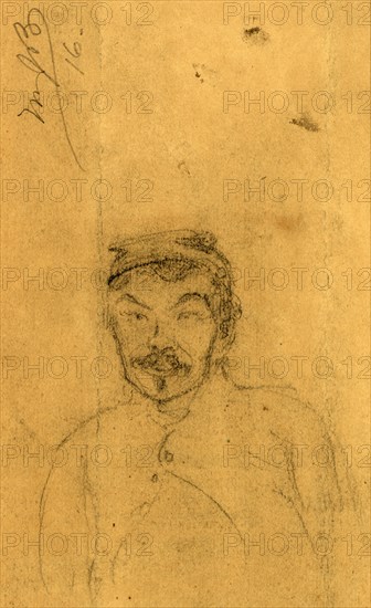 Bust-length portrait of a soldier, between 1860 and 1865, drawing on light brown paper pencil and Chinese white, 12.9 x 24.1 cm. (sheet), 1862-1865, by Alfred R Waud, 1828-1891, an american artist famous for his American Civil War sketches, America, US