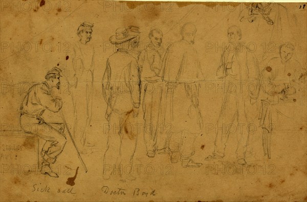 Sick call, Doctor Boyd, between 1860 and 1865, drawing on light brown paper pencil, 14.9 x 23.8 cm. (sheet), 1862-1865, by Alfred R Waud, 1828-1891, an american artist famous for his American Civil War sketches, America, US