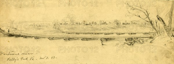 Pontoons near Kelly's Ford Va., 1863 November 7, drawing on cream paper pencil, 11.4 x 32.7 cm. (sheet), 1862-1865, by Alfred R Waud, 1828-1891, an american artist famous for his American Civil War sketches, America, US