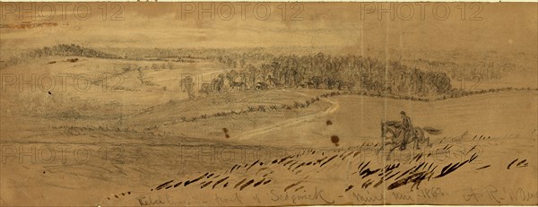 Rebel line in front of Sedgwick, Mine Run 1863, 1863 November 26-December 1, drawing on tan paper pencil, Chinese white, and brown wash, 12.7 x 35.2 cm. (sheet), 1862-1865, by Alfred R Waud, 1828-1891, an american artist famous for his American Civil War sketches, America, US