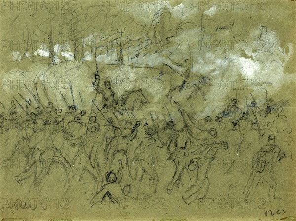 The charge of the 8th Vermont at the Battle of Winchester, 1864 September 19, drawing, 1862-1865, by Alfred R Waud, 1828-1891, an american artist famous for his American Civil War sketches, America, US