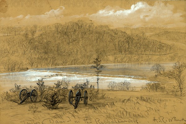 Taylor's Dam on the Rappahannock, between 1860 and 1865, drawing on tan paper pencil and Chinese white, 15.7 x 24.3 cm. (sheet), 1862-1865, by Alfred R Waud, 1828-1891, an american artist famous for his American Civil War sketches, America, US