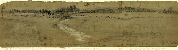 Rebel line on the left at the railroad cutting. Mine Run, opposite Warrens last position, 1863 December, drawing on brown paper pencil and Chinese white, 8.4 x 35.4 cm. (sheet), 1862-1865, by Alfred R Waud, 1828-1891, an american artist famous for his American Civil War sketches, America, US