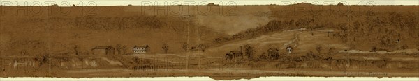 Ruined dock Saw mill Camp behind trees Battery on hill. Evansport Batteries, between 1860 and 1865, drawing on brown paper pencil and Chinese white, 5.6 x 35.6 cm. (sheet), 1862-1865, by Alfred R Waud, 1828-1891, an american artist famous for his American Civil War sketches, America, US