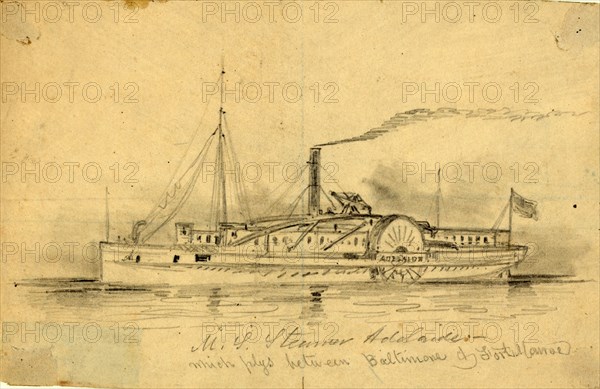 U.S. Steamer Adelaide, which plys between Baltimore & Fort Monroe, between 1860 and 1865, drawing on cream paper pencil, 12.5 x 19.8 cm. (sheet), 1862-1865, by Alfred R Waud, 1828-1891, an american artist famous for his American Civil War sketches, America, US