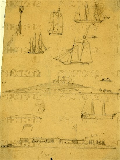 Sketches of ships and forts, 1860-1865, drawing, 1862-1865, by Alfred R Waud, 1828-1891, an american artist famous for his American Civil War sketches, America, US
