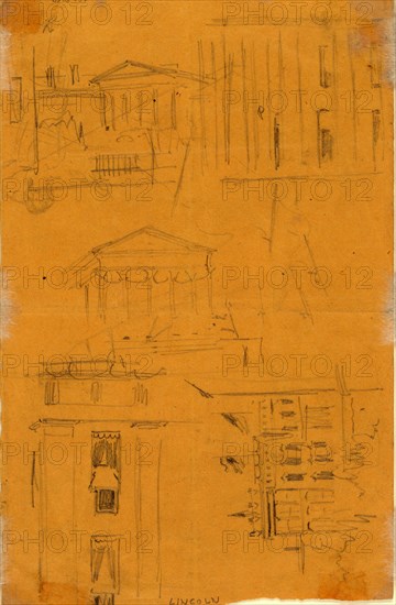 Architectural details with notation, LINCOLN, 1865 April?, drawing on yellow paper pencil, 21.5 x 13.7 cm. (sheet), 1862-1865, by Alfred R Waud, 1828-1891, an american artist famous for his American Civil War sketches, America, US