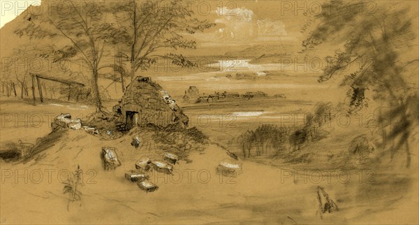 Ruined dwelling, town in distance, between 1860 and 1865, drawing on tan paper pencil and Chinese white, 12.6 x 24.4 cm. (sheet), 1862-1865, by Alfred R Waud, 1828-1891, an american artist famous for his American Civil War sketches, America, US