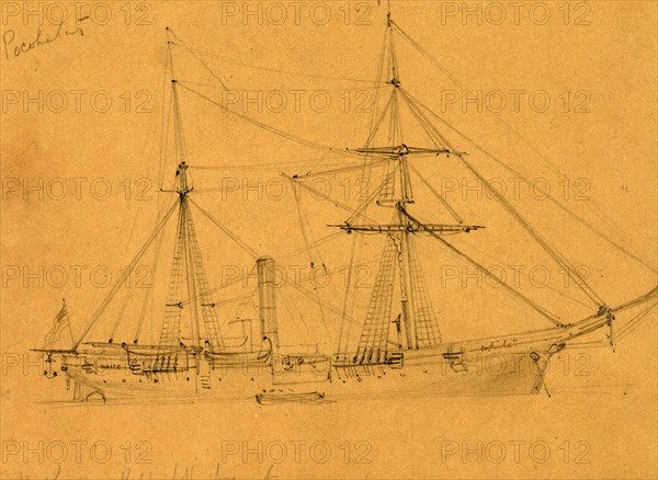 Pocohontas, broadside view of steam frigate, 1860-1865, drawing, 1862-1865, by Alfred R Waud, 1828-1891, an american artist famous for his American Civil War sketches, America, US