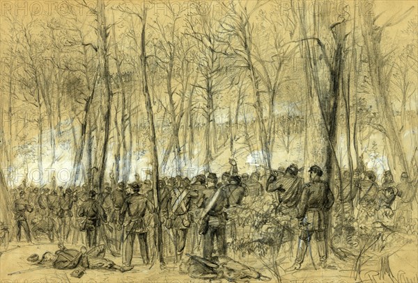 Genl. Wadsworths division in action in the Wilderness, near the spot where the General was killed, 1864 May 5-7, drawing on light green paper pencil and Chinese white, 22.8 x 34.4 cm (sheet), 1862-1865, by Alfred R Waud, 1828-1891, an american artist famous for his American Civil War sketches, America, US