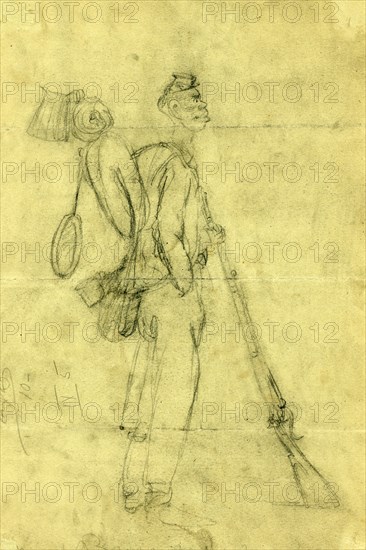 African American soldier, between 1862 and 1865, drawing on light green paper pencil and Chinese white, 22.8 x 34.4 cm. (sheet), 1862-1865, by Alfred R Waud, 1828-1891, an american artist famous for his American Civil War sketches, America, US