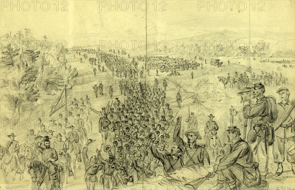 Sheridans army following Early up the Valley of the Shenandoah, between 1864 August and 1865 March, drawing on light green paper pencil, 23.6 x 34.6 cm. (sheet), 1862-1865, by Alfred R Waud, 1828-1891, an american artist famous for his American Civil War sketches, America, US