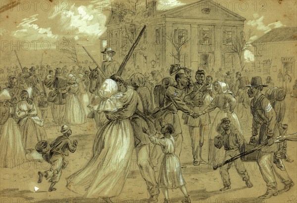 African American soldiers mustered out at Little Rock, Arkansas, 1866, drawing, 1862-1865, by Alfred R Waud, 1828-1891, an american artist famous for his American Civil War sketches, America, US