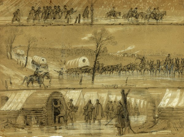 Why the Army of the Potomac doesn't move, 1862, drawing on green paper pencil and Chinese white, 24.9 x 34.0 cm. (sheet), 1862-1865, by Alfred R Waud, 1828-1891, an american artist famous for his American Civil War sketches, America, US