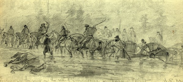Dragging up the guns on the recent reconnoisance  in force (night) 1864, 1864 ca. February, drawing on light green paper pencil, 14.9 x 34.7 cm. (sheet), 1862-1865, by Alfred R Waud, 1828-1891, an american artist famous for his American Civil War sketches, America, US