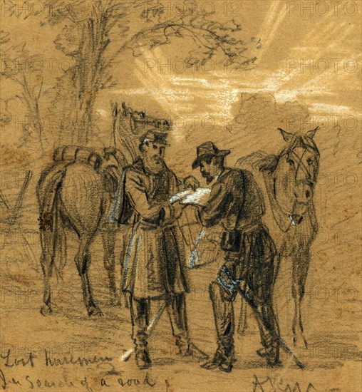 Lost horsemen. In search of a road, 1862 ca. November, drawing on brown paper pencil and Chinese white, 10.2 x 9.3 cm. (sheet), 1862-1865, by Alfred R Waud, 1828-1891, an american artist famous for his American Civil War sketches, America, US