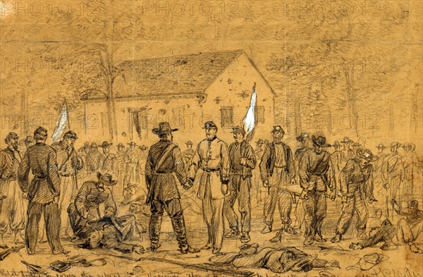 The rebel dodge to cover the retreat into Virginia. Flag of truce to look after the wounded, 1862 ca. September, drawing on tan paper pencil and Chinese white, 15.9 x 25.1 cm. (sheet), 1862-1865, by Alfred R Waud, 1828-1891, an american artist famous for his American Civil War sketches, America, US