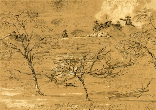Portion of Rebel battery at Wynns Mill. The gun which wounded Lieut. Wagner. Topographical Engineer, 1862 ca. April, drawing on tan paper pencil and Chinese white, 17.8 x 25.2 cm. (sheet), 1862-1865, by Alfred R Waud, 1828-1891, an american artist famous for his American Civil War sketches, America, US