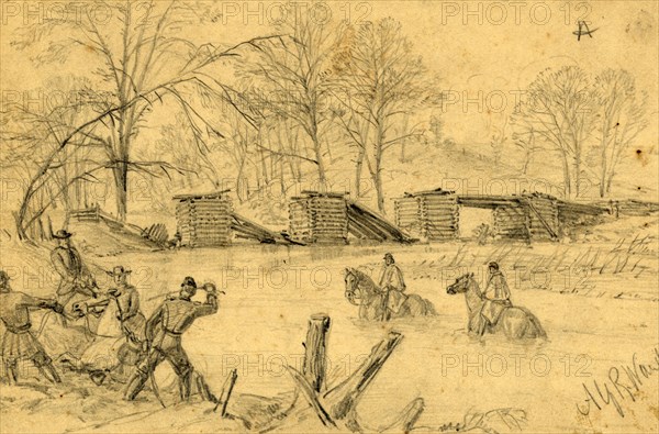 Soldiers on horseback crossing a river near a collapsed bridge, between 1860 and 1865, drawing on tan paper pencil, 12.5 x 19.7 cm. (sheet), 1862-1865, by Alfred R Waud, 1828-1891, an american artist famous for his American Civil War sketches, America, US
