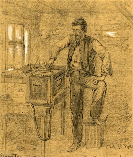 Signal Telegraph Machine and operator, Fredericksburg, 1862 ca. December, drawing, 1862-1865, by Alfred R Waud, 1828-1891, an american artist famous for his American Civil War sketches, America, US