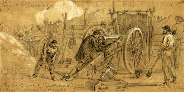 Siege of Petersburg, 1864 July, drawing on brown paper pencil and Chinese white, 11.1 x 23.2 cm. (sheet), 1862-1865, by Alfred R Waud, 1828-1891, an american artist famous for his American Civil War sketches, America, US
