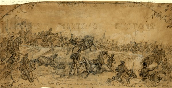 Charge of the 6th Michigan cavalry over the rebel earthworks nr. Falling Waters, 1863 July 14, drawing on tan paper pencil and Chinese white, 14.2 x 29.7 cm. (sheet), 1862-1865, by Alfred R Waud, 1828-1891, an american artist famous for his American Civil War sketches, America, US