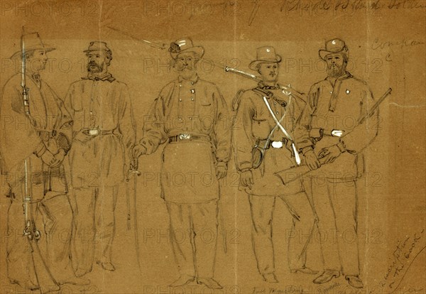Group of Rhode Island Soldiers. Company C, 1861 ca. April-August, drawing, 1862-1865, by Alfred R Waud, 1828-1891, an american artist famous for his American Civil War sketches, America, US