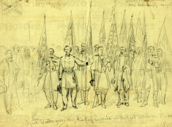 Genl. Custer presenting the flags captured in the last battle in the valley, 1864 October 23, drawing on light green paper pencil, 24.1 x 32.8 cm. (sheet), 1862-1865, by Alfred R Waud, 1828-1891, an american artist famous for his American Civil War sketches, America, US