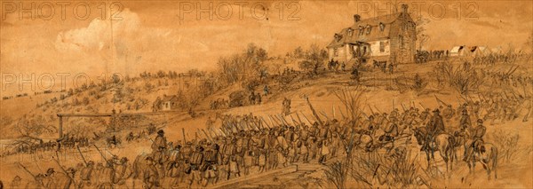 Scene at Germanna Ford, 6th Corps returning from Mine Run, 1863 November-December, drawing, 1862-1865, by Alfred R Waud, 1828-1891, an american artist famous for his American Civil War sketches, America, US
