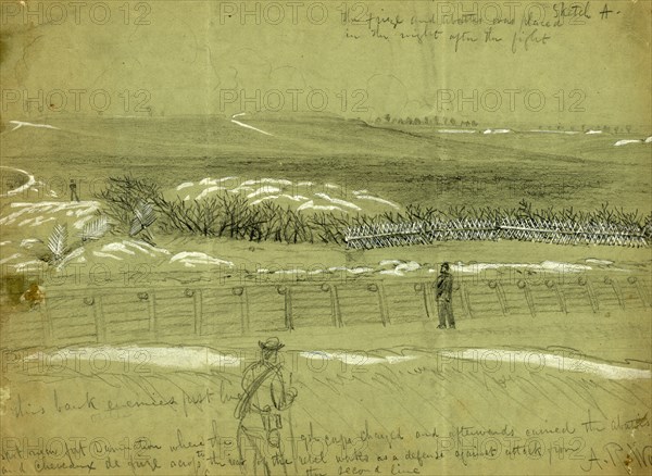 Spot near fort Damnation where the 9th Corps charged and afterwords carried the abattis and Cheveaux de frize  across to the rear of the rebel works as a defense against attack from the second line, 1865 ca. June, drawing on green paper pencil and Chinese white, 23.8 x 33.9 cm. (sheet), 1862-1865, by Alfred R Waud, 1828-1891, an american artist famous for his American Civil War sketches, America, US