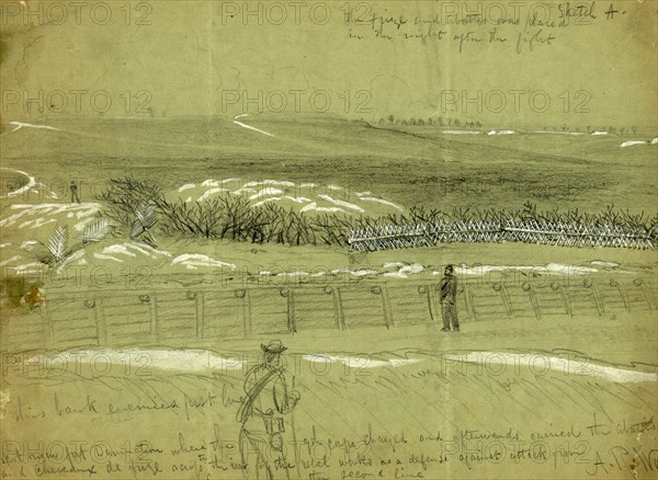 Spot near fort Damnation where the 9th Corps charged and afterwords carried the abattis and Cheveaux de frize across to the rear of the rebel works as a defense against attack from the second line, 1865 ca. June, drawing on green paper pencil and Chinese white, 23.8 x 33.9 cm. (sheet), 1862-1865, by Alfred R Waud, 1828-1891, an american artist famous for his American Civil War sketches, America, US