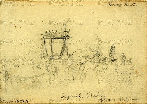 Signal Station. Pony Mt, 1863 September?, drawing on cream paper pencil, 9.7 x 14.1 cm. (sheet), 1862-1865, by Alfred R Waud, 1828-1891, an american artist famous for his American Civil War sketches, America, US