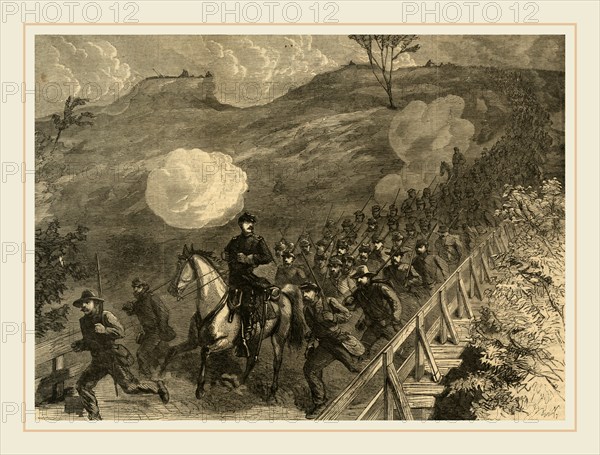 Grants' Great Campaign-the New York 14th Heavy Artilery crossing Chesterfield Bridge, on the North Anna, under a heavy artillery fire, 1864 ca. May 31, 1 print engraving, 17.4 x 23.3 cm. (image), 1862-1865, by Alfred R Waud, 1828-1891, an american artist famous for his American Civil War sketches, America, US