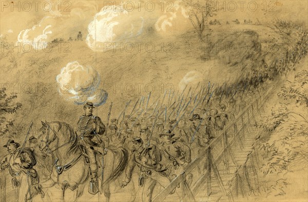 N.Y. 14th Heavy Artillery crossing Chesterfield bridge on the North Anna under a heavy artillery fire, 1864 ca. May 31, drawing, 1862-1865, by Alfred R Waud, 1828-1891, an american artist famous for his American Civil War sketches, America, US